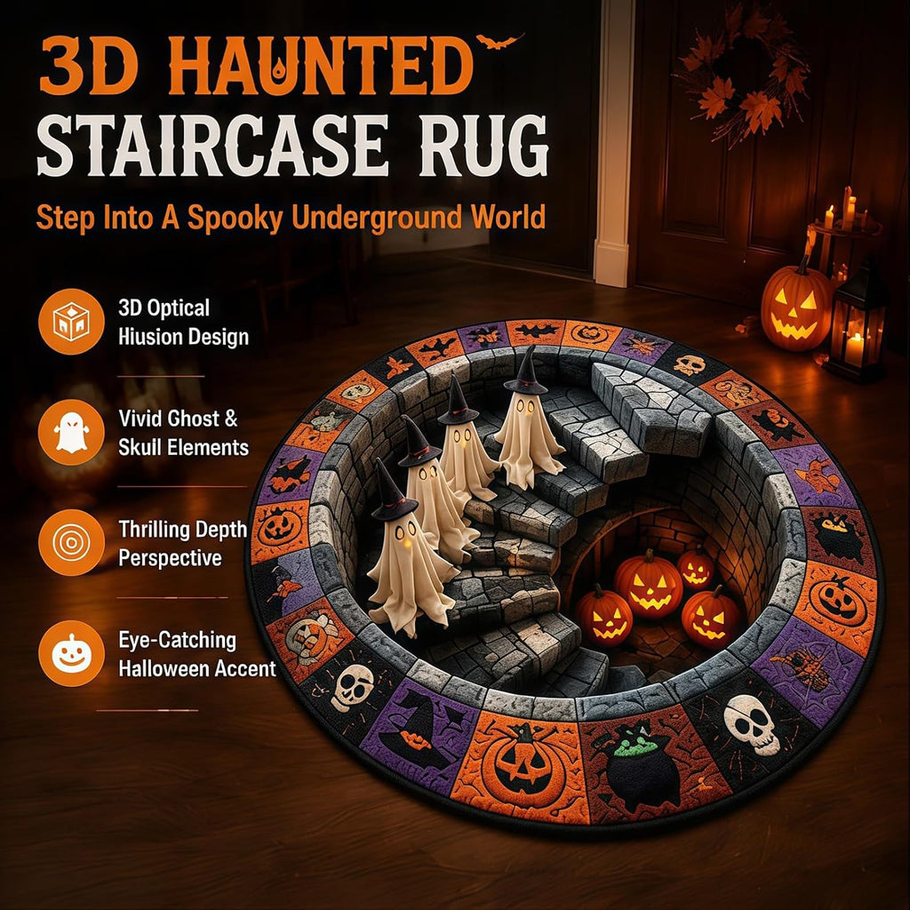 3D Haunted Staircase Round Rug – Spooky Halloween Optical Illusion，B-120cm