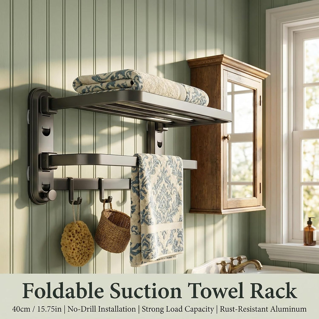 Bathroom Towel Rack, Double Foldable Wall Mounted Shelf with Suction Cups and Hooks