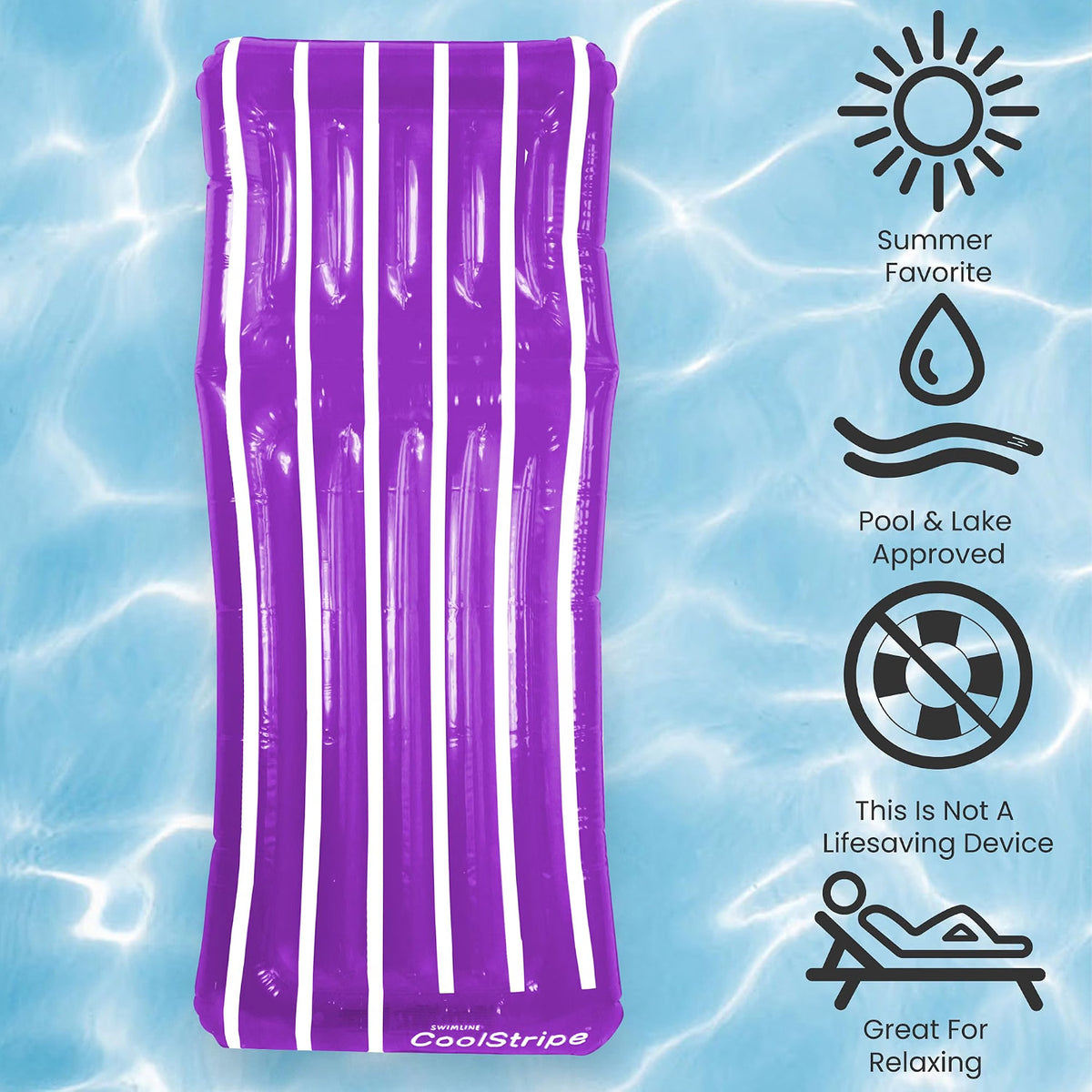 72" Inflatable Purple and White Cool Stripe Swimming Pool Mattress Float