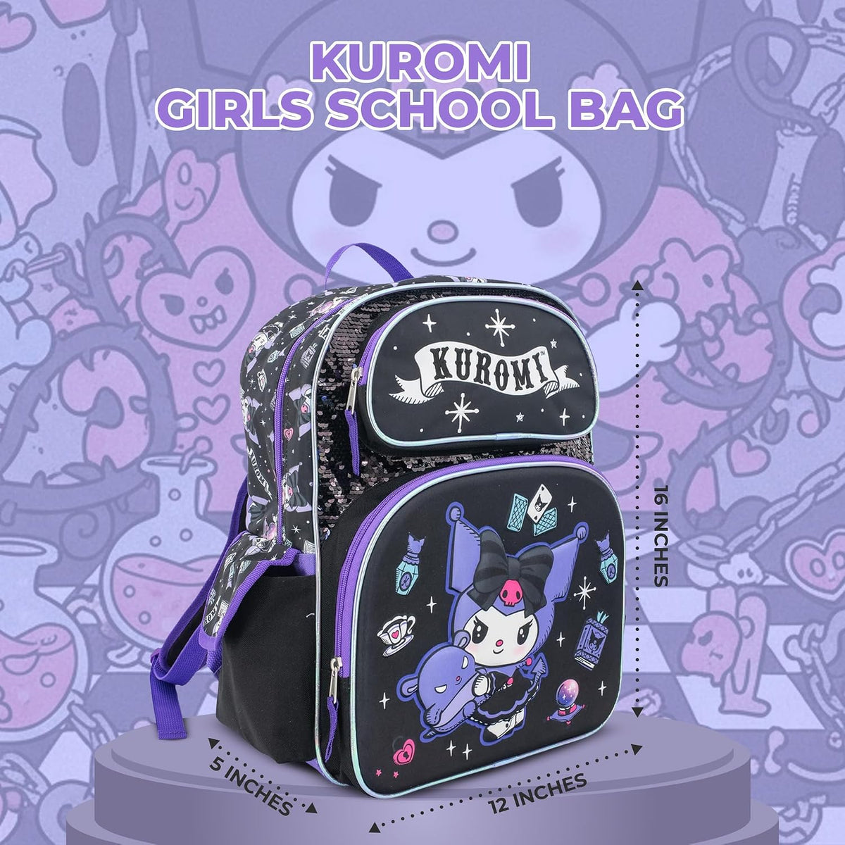 AI Accessory Innovations Hello Kitty 16" Backpack for Girls, Kuromi Kawaii School Bag with Flip Sequins & 3D Front Pocket