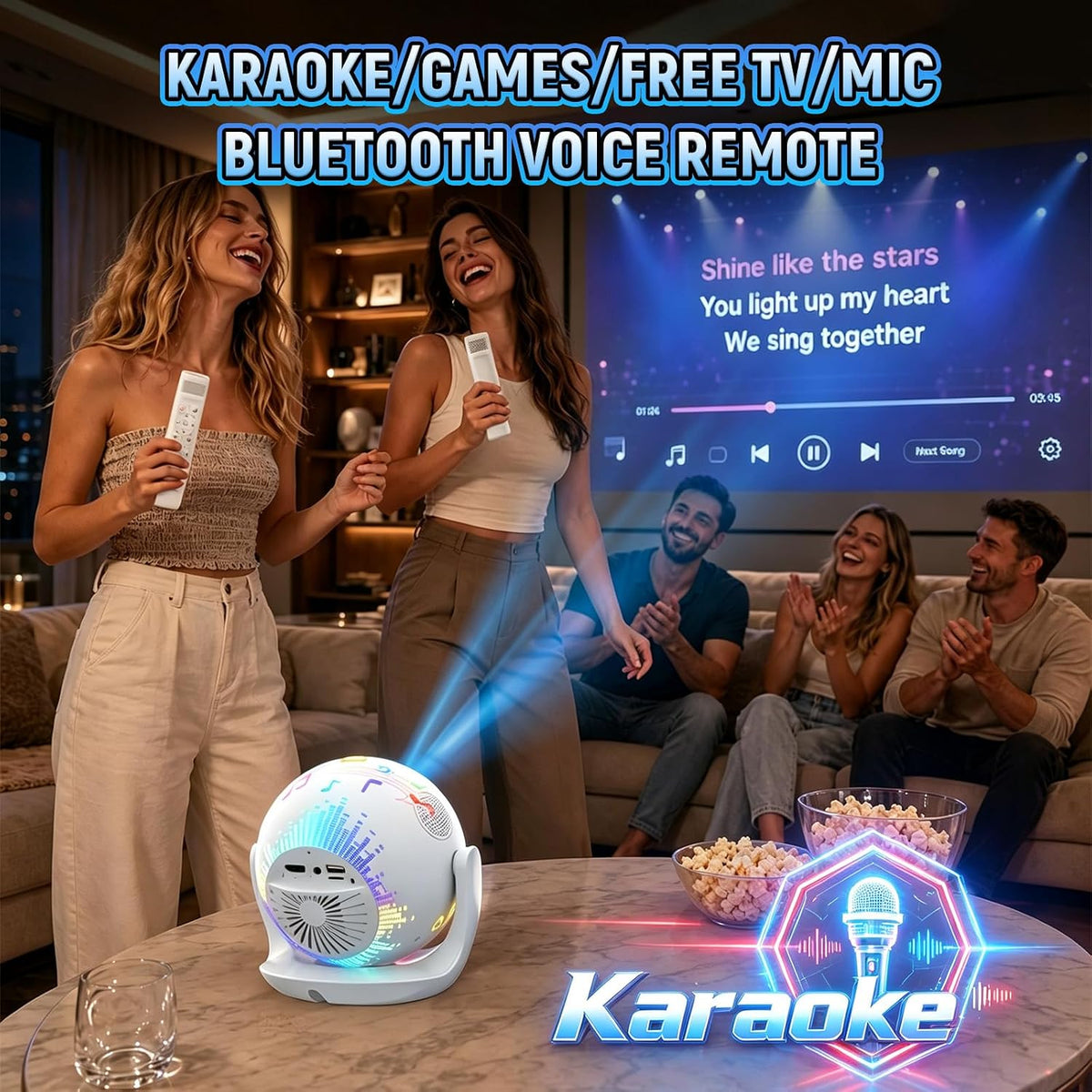 U6 5-in-1 Mini Projector, Karaoke & Gaming Projector with Bluetooth, Mic & Voice Remote