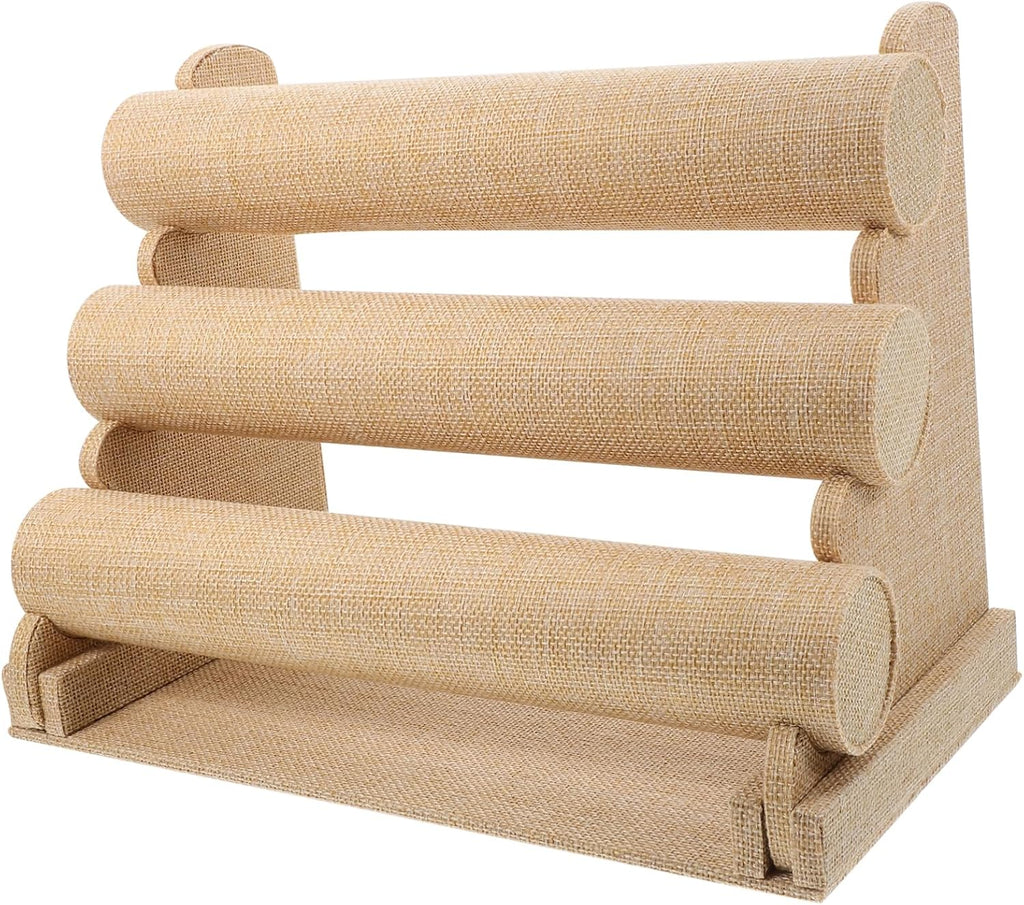 Bracelet Display Stand Multi Tier Tabletop Holder for Displays PVC Linen Wood Build, Beige Finish, Secure Platform for Collections, Versatile Use on Cases