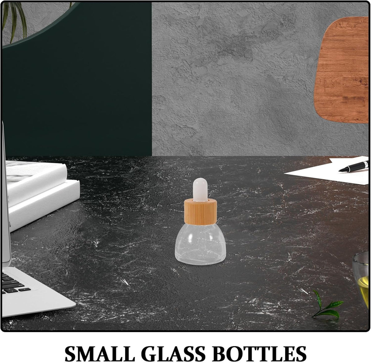8pcs 15ml Refillable Dropper Bottles for Essential Oils Glass and Plastic Parts, Leak Proof Storage, White Finish, Travel and Salon Use, Wood Grain Ring