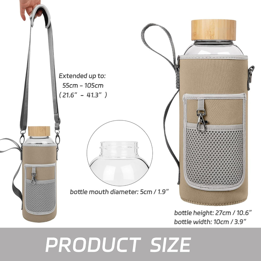 48 oz Sports Borosilicate Glass Water Bottle with Bamboo Lid with Neoprene Sleeve