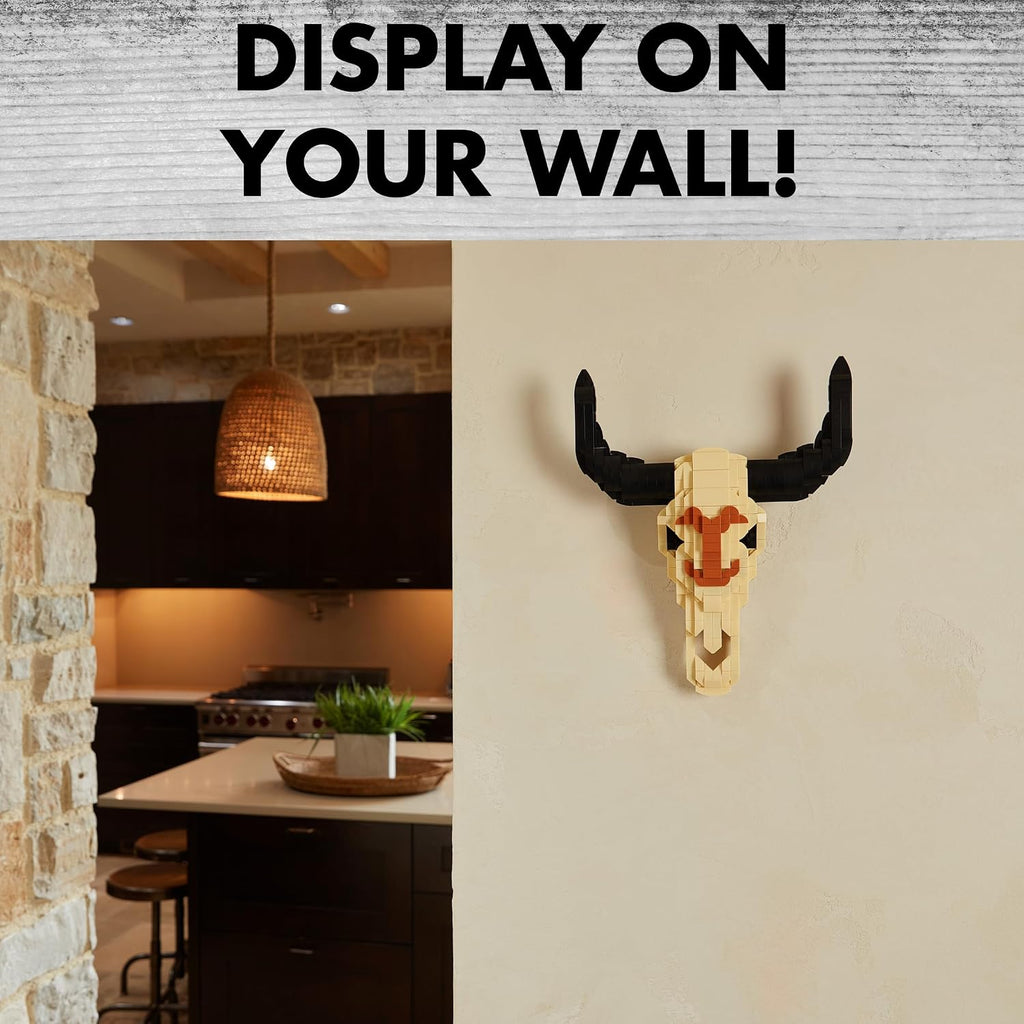 Yellowstone Cow Steer Skull Building Set, 563-Piece Brick Model with Table & Wall Mount