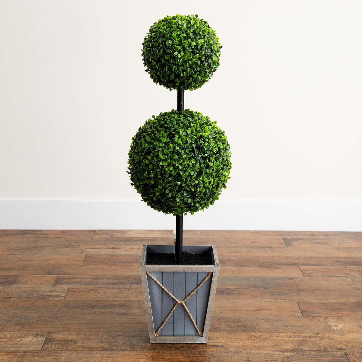 3ft. UV Resistant Artificial Double Ball Boxwood Topiary with LED Lights in Decorative Planter (Indoor/Outdoor)