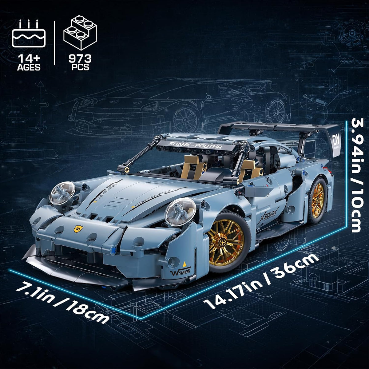 1:14 Blue Race Car Building Blocks, 973-Piece Supercar Model Kit