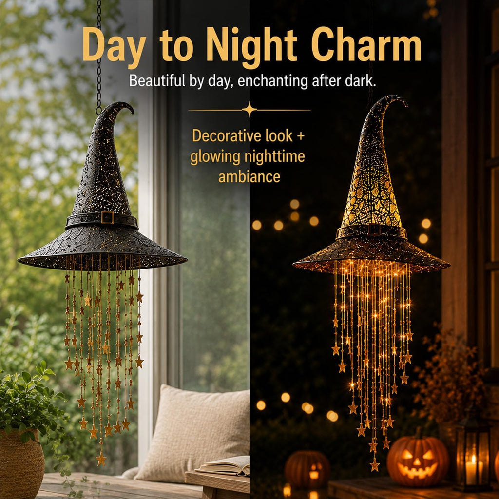 Lighted Witch Hat Hanging Chime, Halloween Hanging Witch Hats with Lights