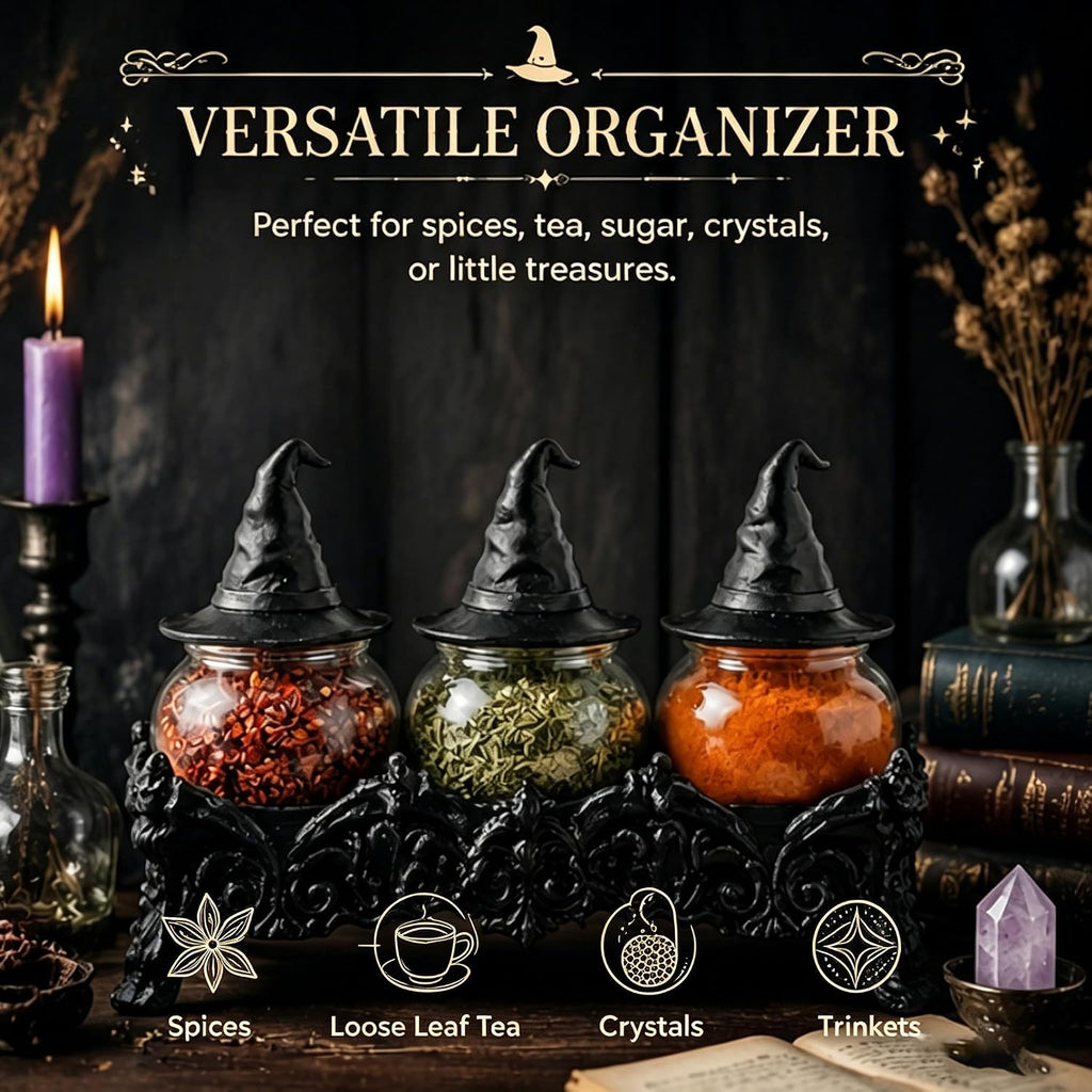 Vintage Witch Hat Spice Jars Set, Gothic Apothecary Glass Seasoning Containers