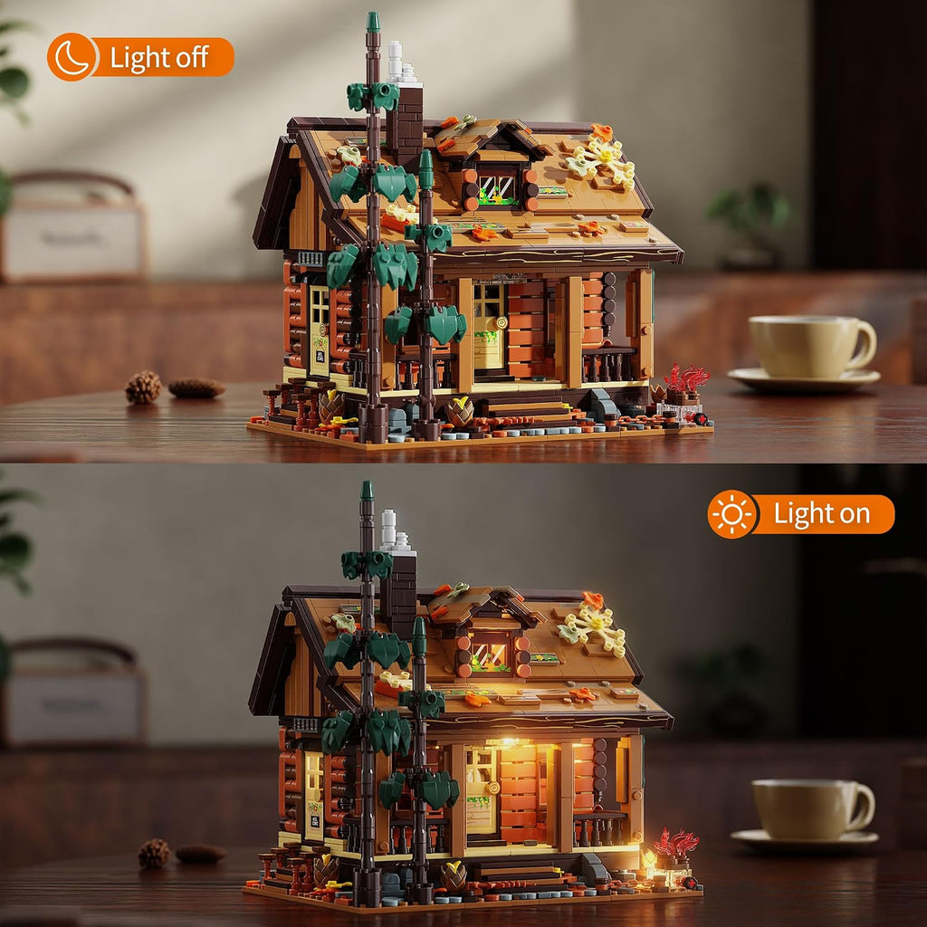 TYCOLE Wood Cabin Building Blocks Set with Lights for Adults and Girls 8-12