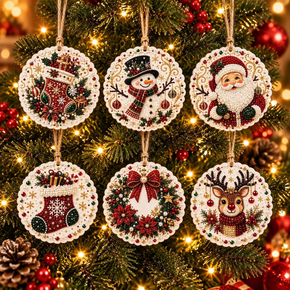 6PCS Christmas Ornaments DIY Pearl Diamond Art Kits for Adults, Wooden (Type B)