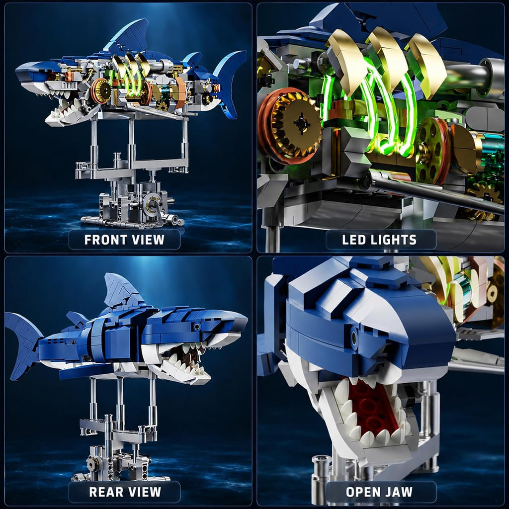 Mechanical Shark Building Set with LED Lights - Movable Crank Gears,687 PCS