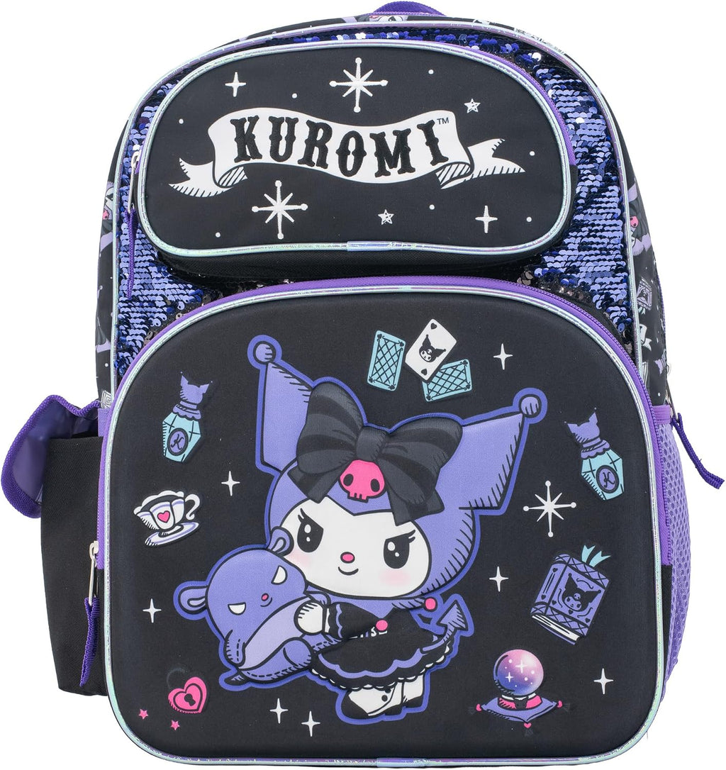 AI Accessory Innovations Hello Kitty 16" Backpack for Girls, Kuromi Kawaii School Bag with Flip Sequins & 3D Front Pocket