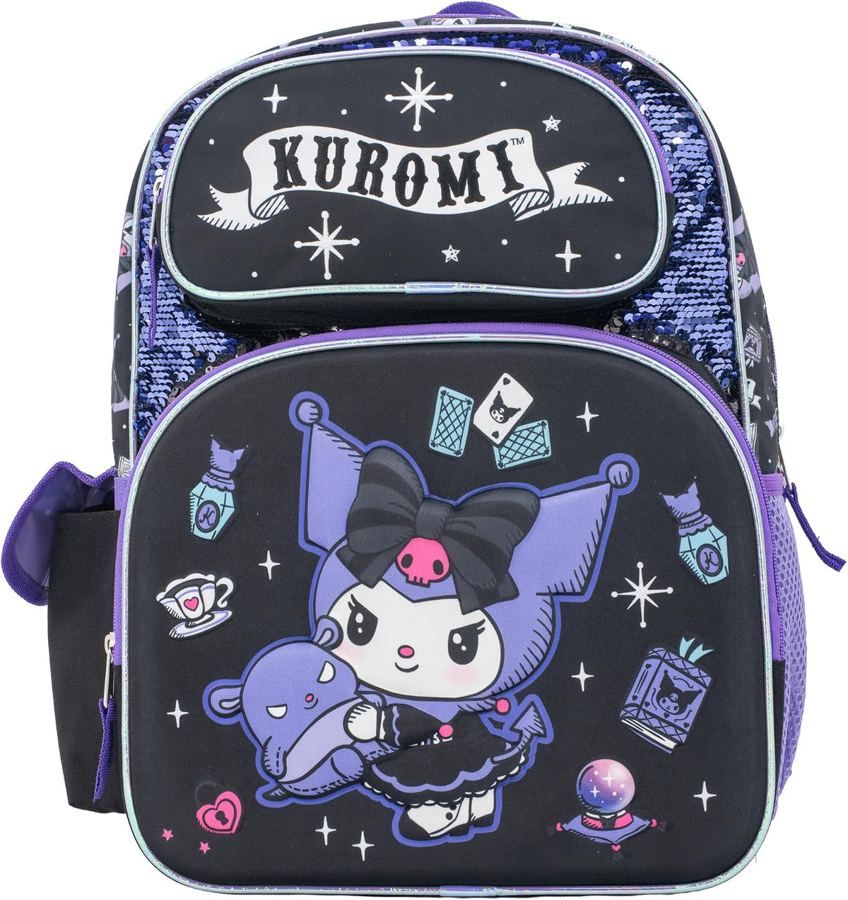 AI Accessory Innovations Hello Kitty 16" Backpack for Girls, Kuromi Kawaii School Bag with Flip Sequins & 3D Front Pocket