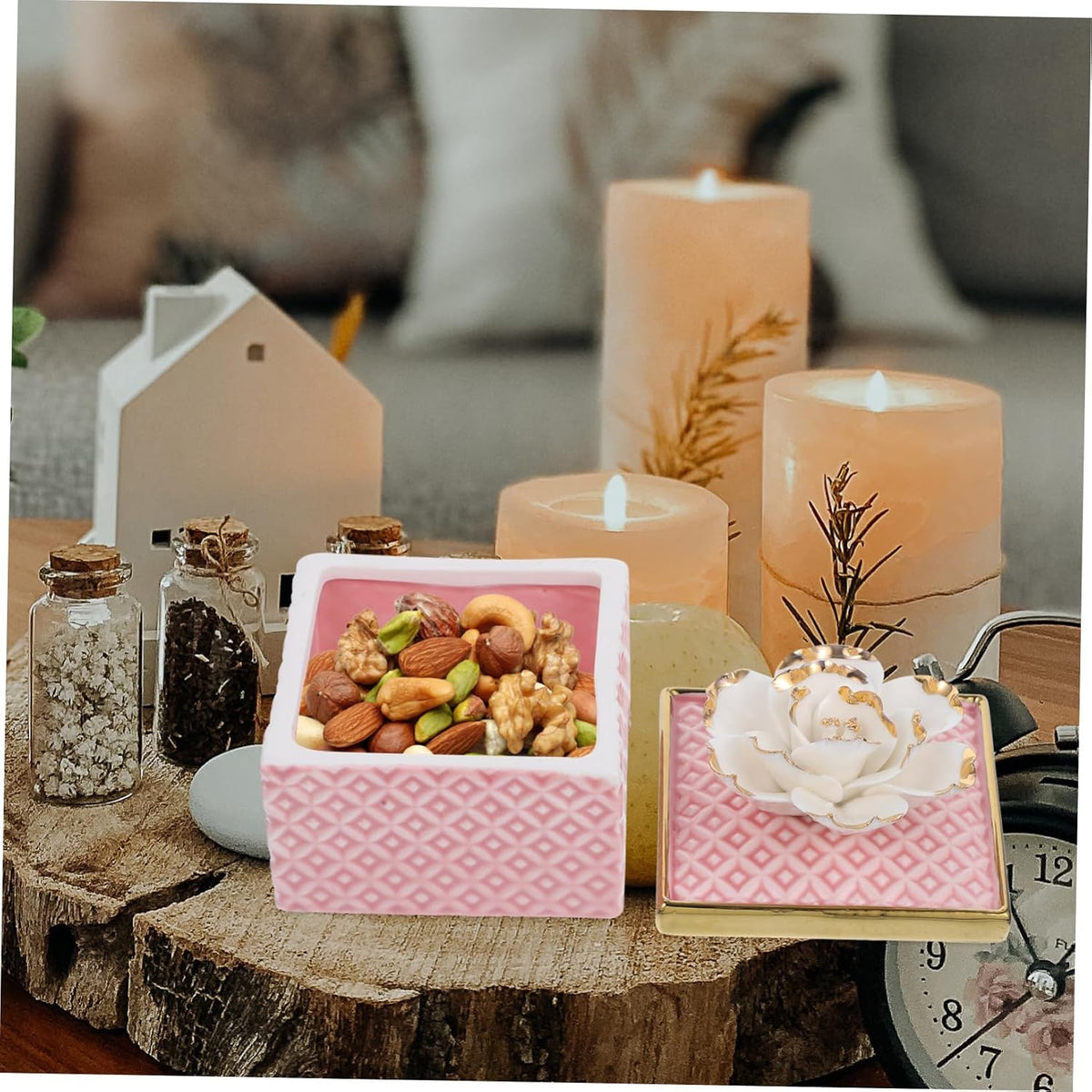 Pink Ceramic Trinket Box with Lid, Ring Holder for Jewelry Xmas