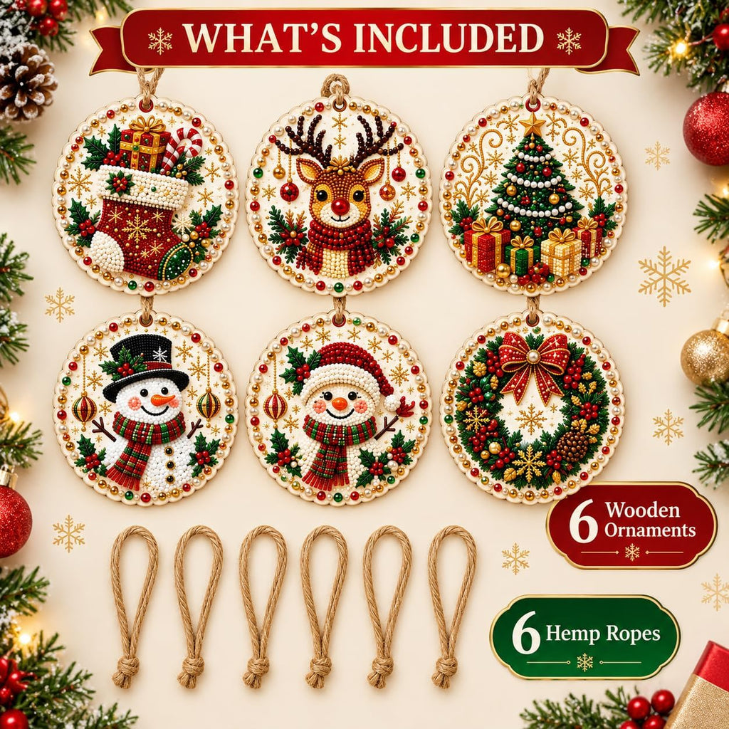 6PCS Christmas Ornaments DIY Pearl Diamond Art Kits for Adults, Wooden (Type B)