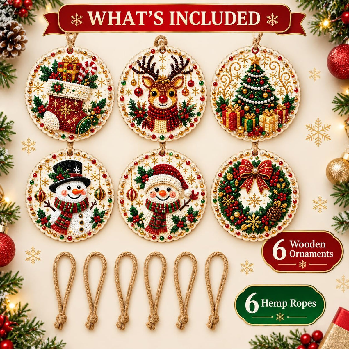 6PCS Christmas Ornaments DIY Pearl Diamond Art Kits for Adults, Wooden (Type B)