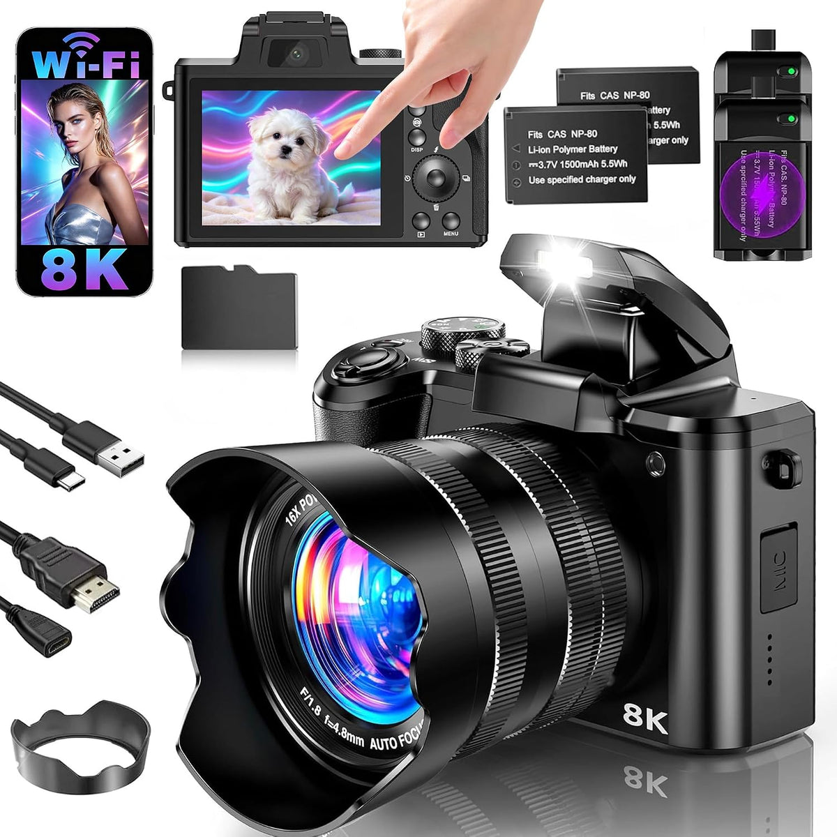 8K Digital Camera, 88MP Dual-Lens WiFi Camera