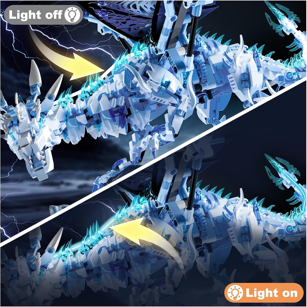Mechanical Ice Dragon Building Blocks, 1,646-Piece Model Kit with LED Light