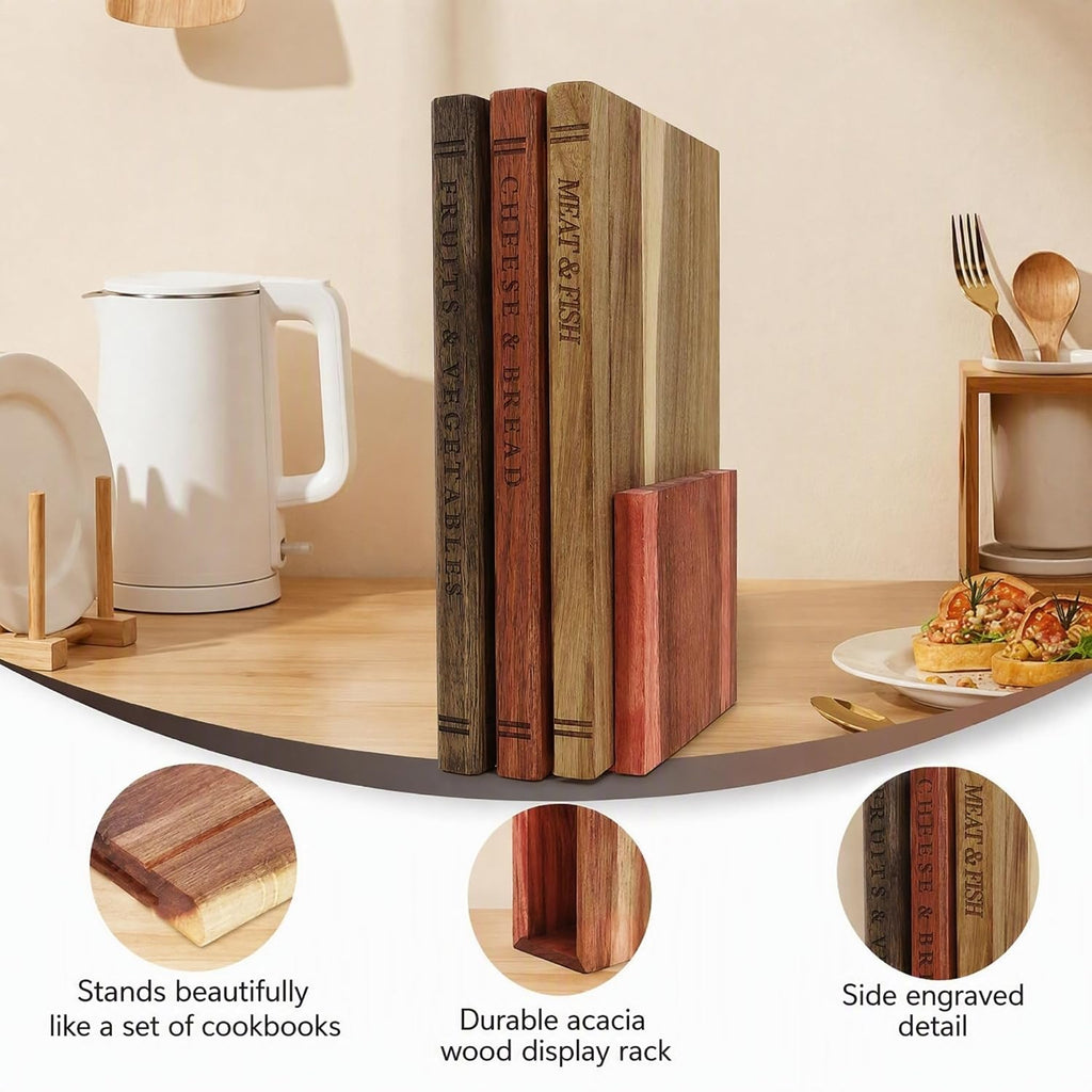 Book Cutting Board Set with Stand, Acacia Wood Boards That Look Like Books