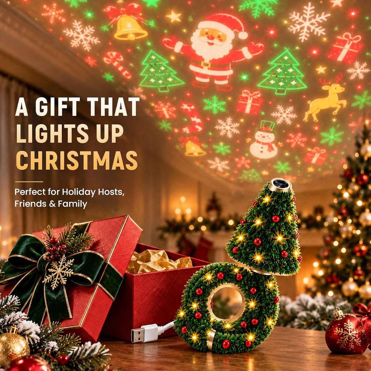 Christmas Projector Night Light with Tree-Shaped Design for Indoor Use