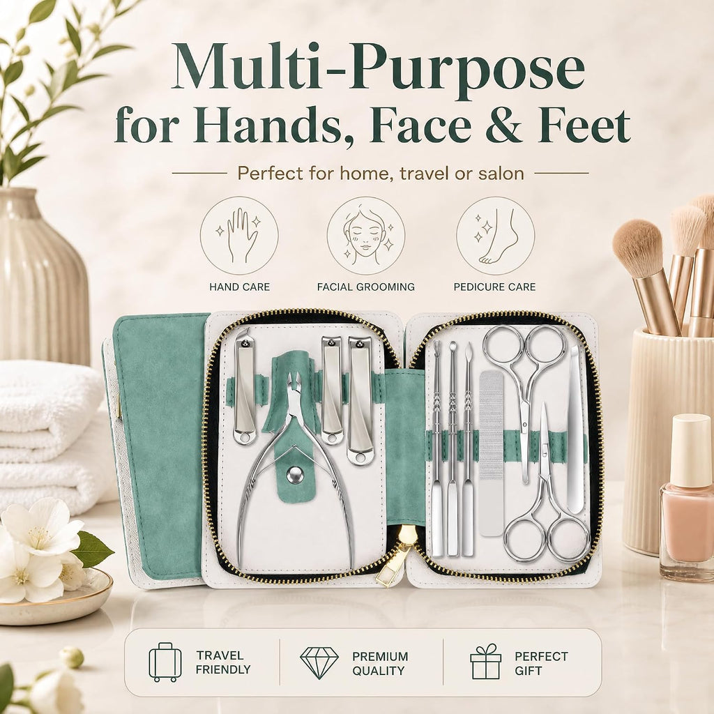 11-in-1 Professional Nail Care Kit, Stainless Steel Clippers with Leather Case
