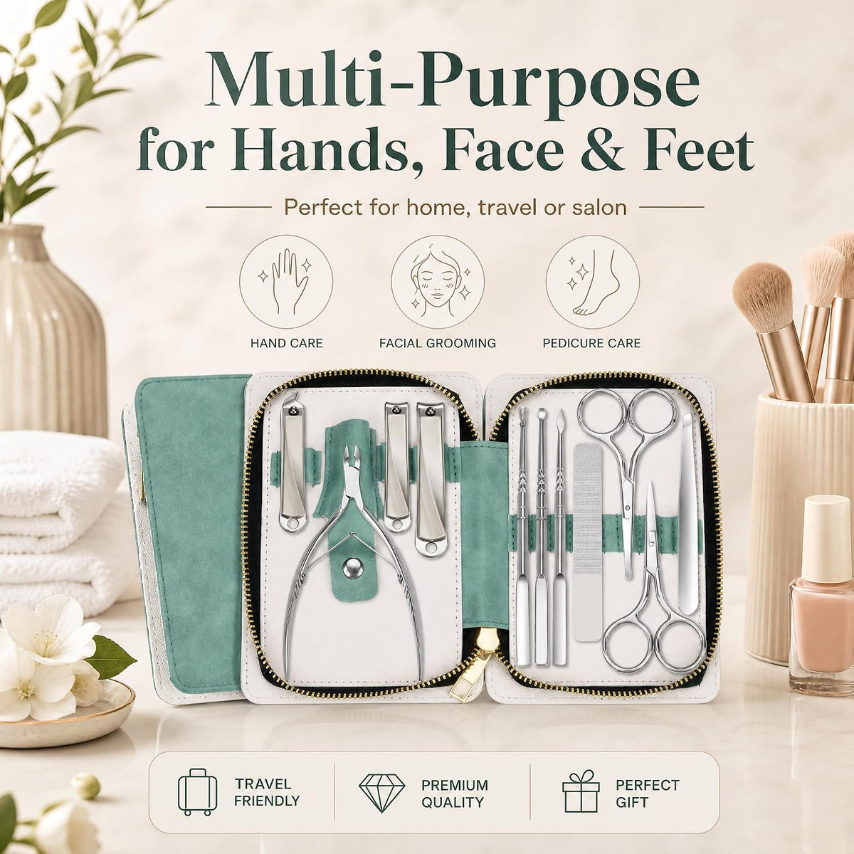 11-in-1 Professional Nail Care Kit, Stainless Steel Clippers with Leather Case