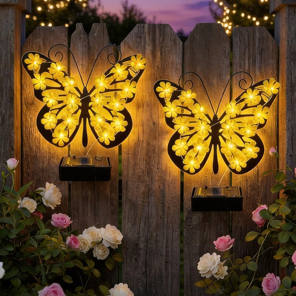 Solar Butterfly Wall Lights Outdoor, Solar Lights Outdoor Metal Butterfly Wall Decor, Warm Glow Patio Yard Decor Gift for Her (Yellow*2)