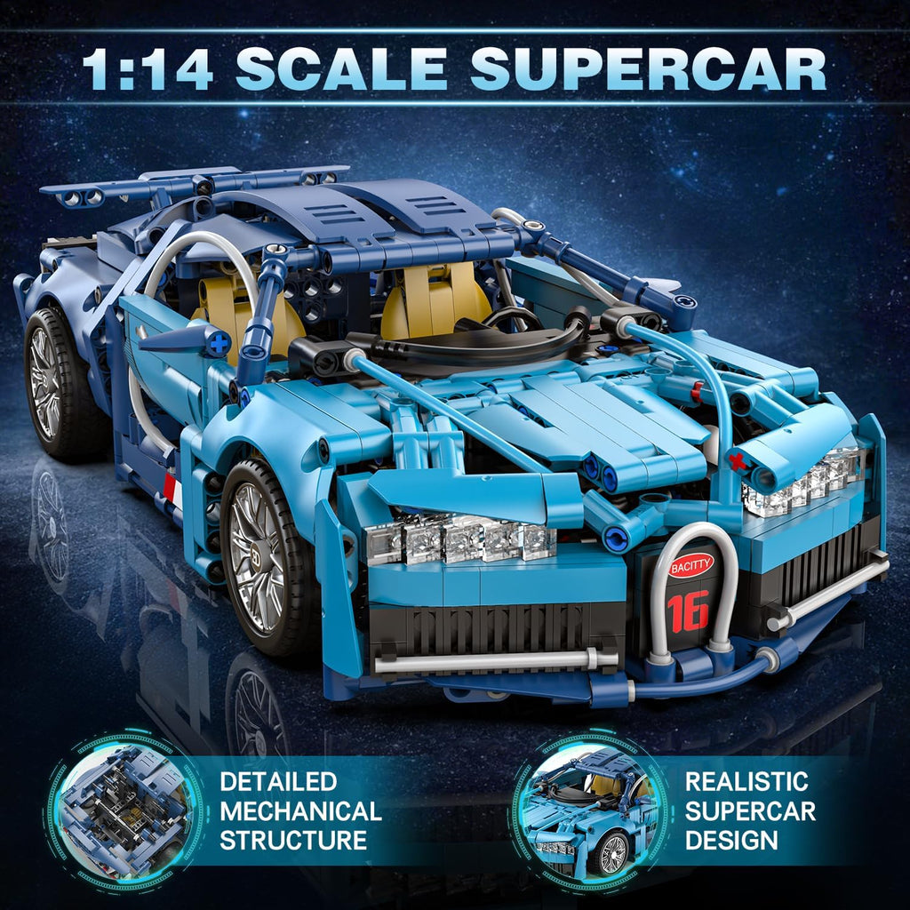 Blue Race Car Building Blocks, 1:14 Supercar Model Kit, 1,144 Pieces