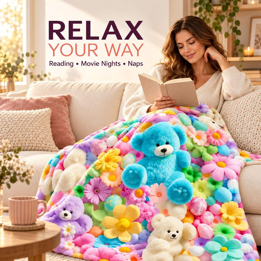 3D Plush Throw Teddy Bear Blanket, Fluffy Flannel Comfort，A：51×59 in