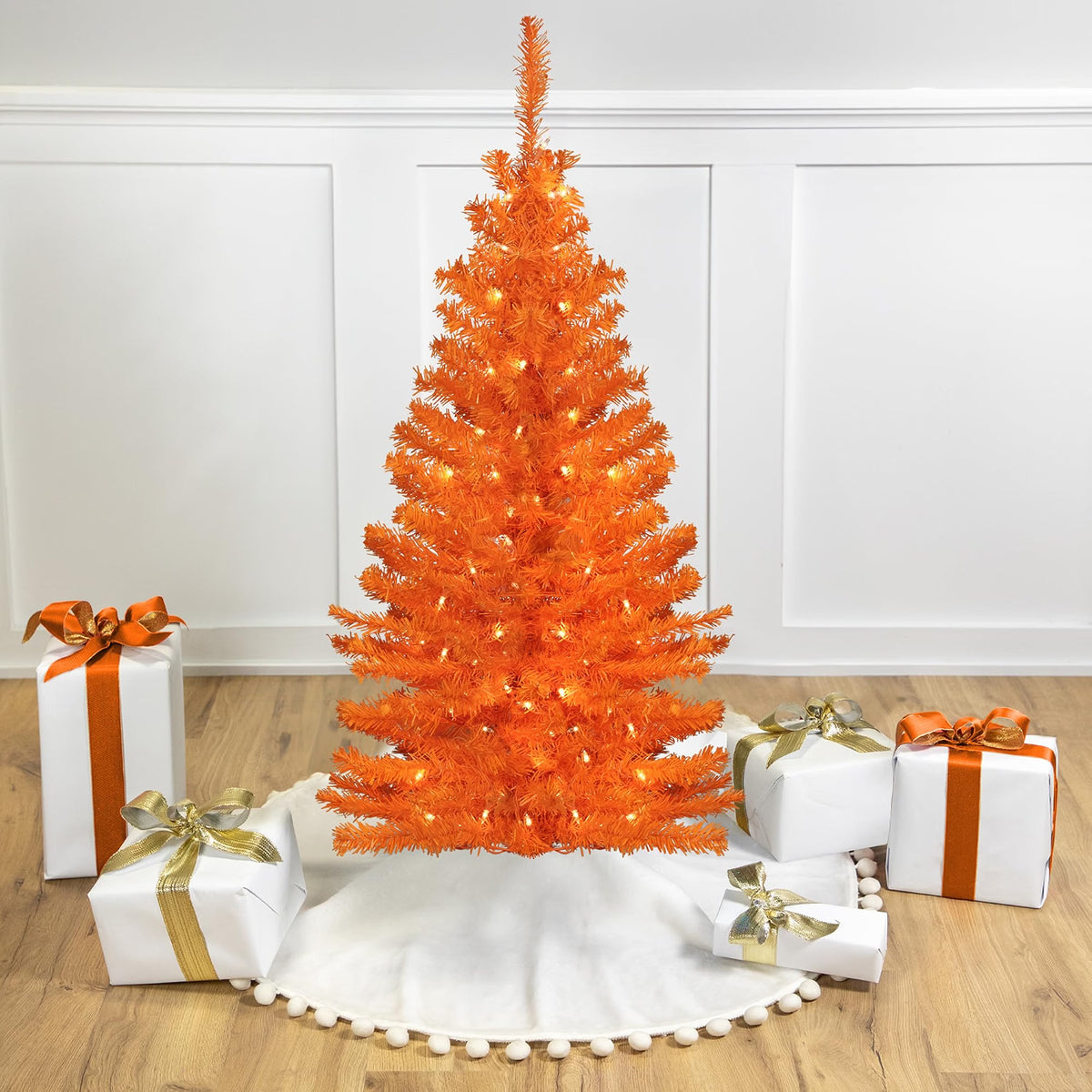Pre-Lit Medium Artificial Pine Christmas Tree - 4' - Orange - Clear Lights