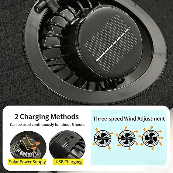 Solar Fan Hat, Wide Brim Sun Hat with Fan, 3 Speed Cooling Airflow for Fishing Camping Hiking Gardening Beach Travel