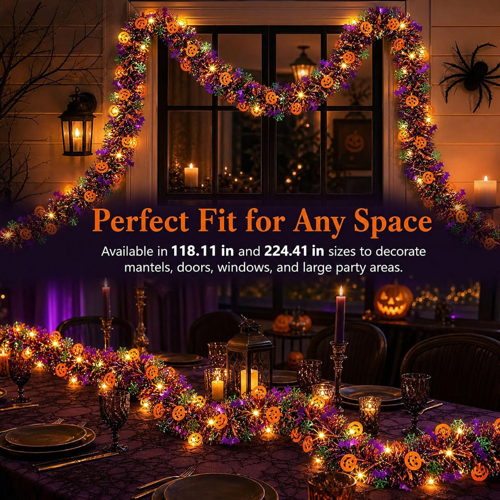 Halloween Garland Metallic Foil Tinsel with Pumpkin Bat Designs (Type 1,5.7M+40LED)