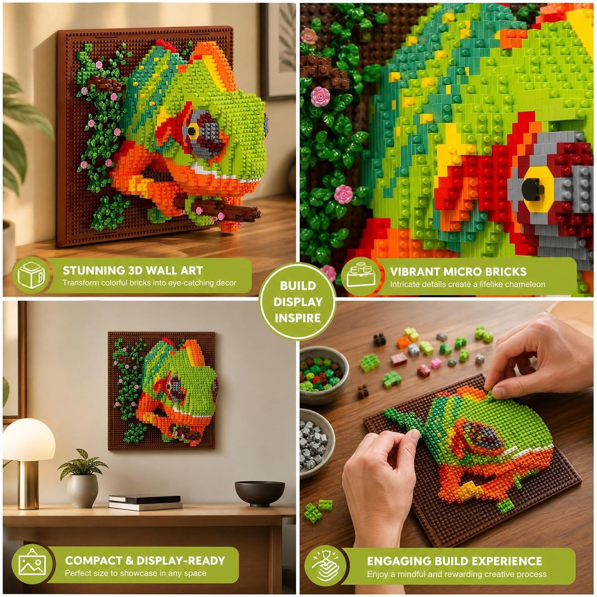 3D Chameleon Sculpture Kit, Colorful Micro Building Bricks Wall Art Decor