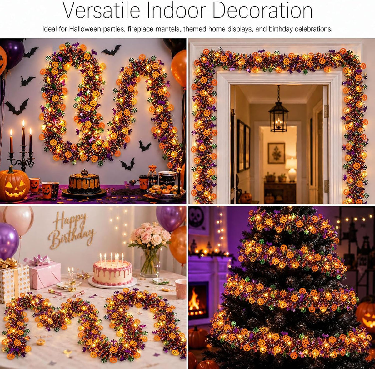 Halloween Garland Metallic Foil Tinsel with Pumpkin Bat Designs (Type 1,5.7M+40LED)