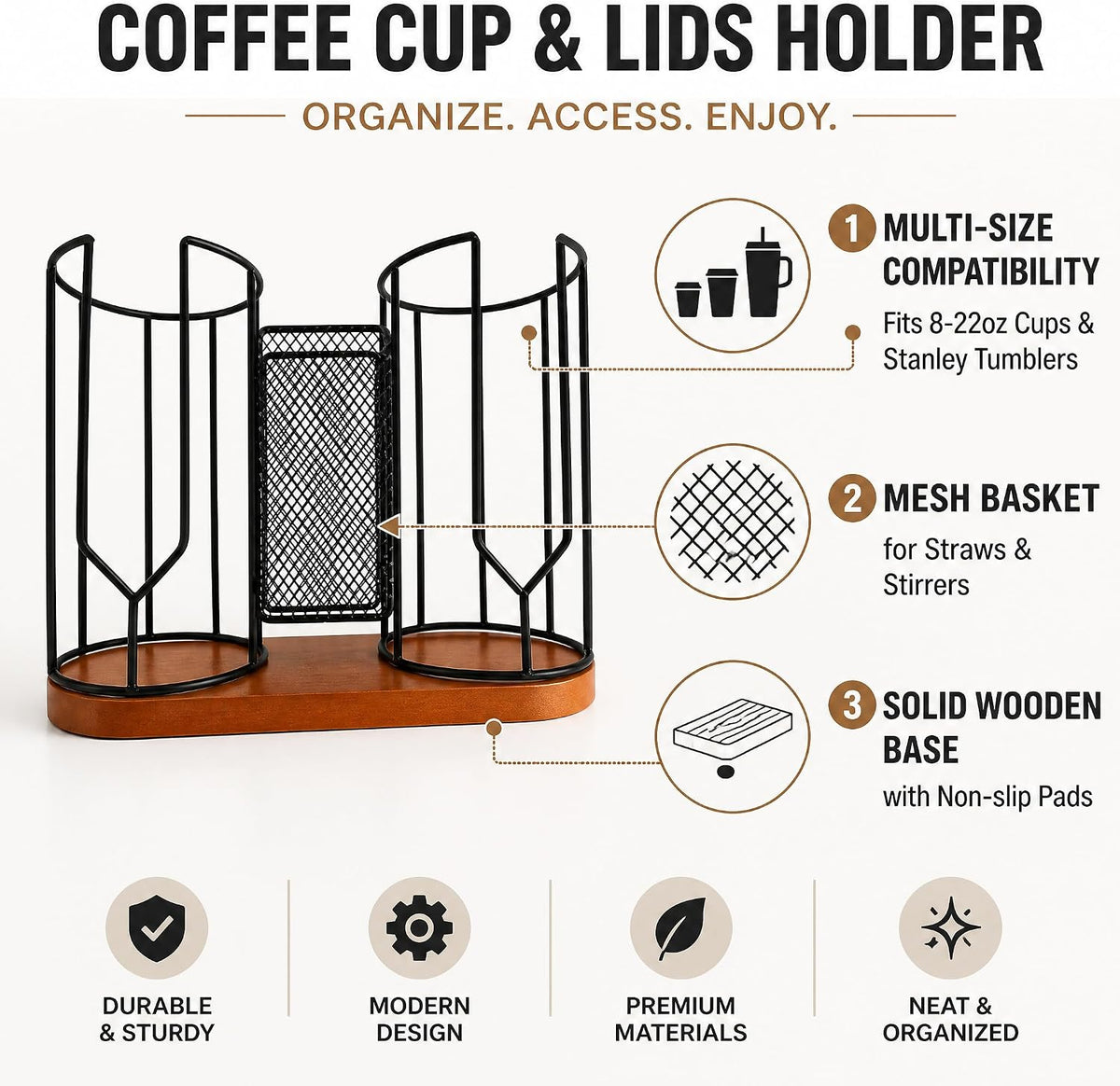 Coffee Cup and Lid Holder for Countertop, Disposable Coffee Organizer Station with Wooden Base