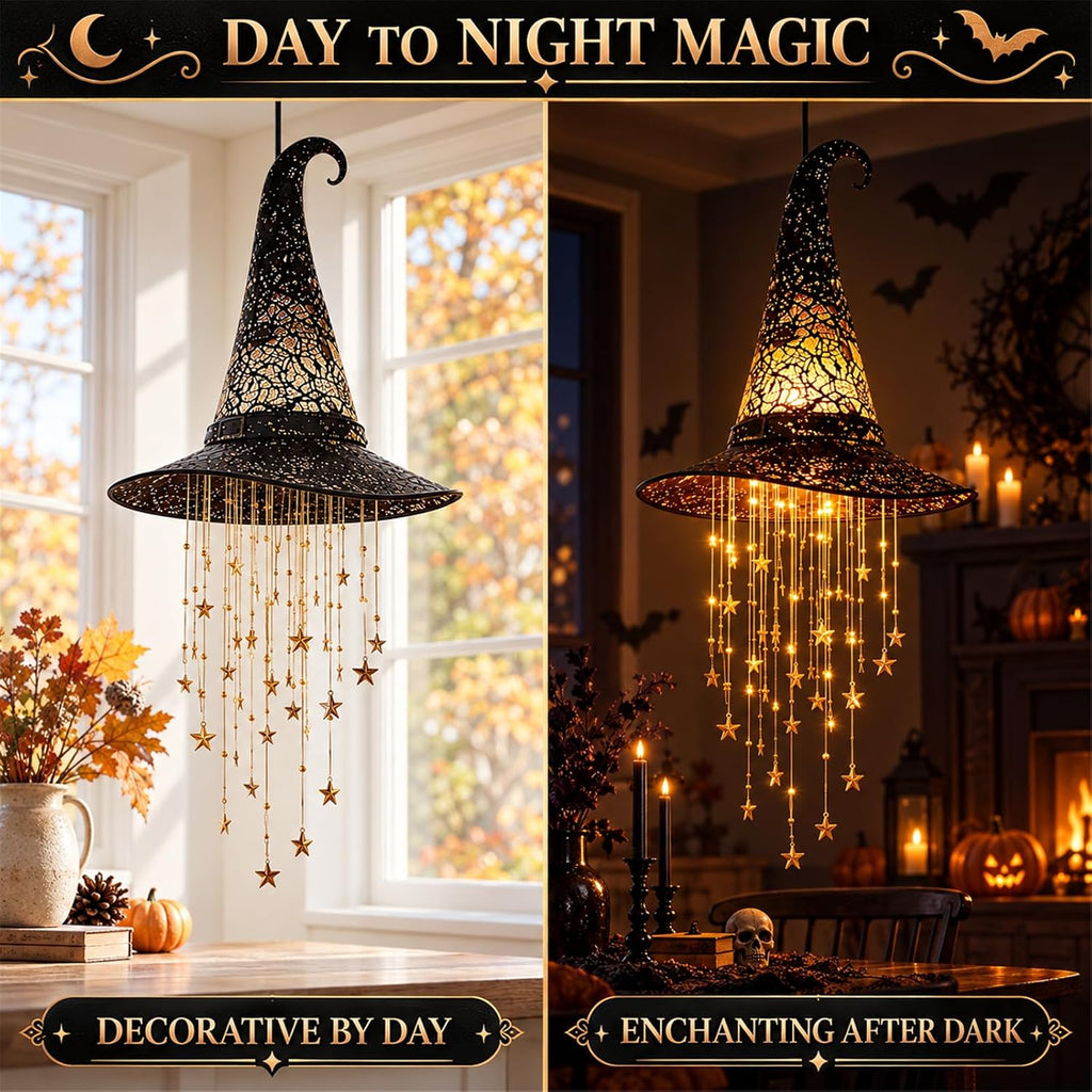 Lighted Witch Hat Hanging Decor with Star Lights for Halloween