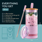 Glass Cups With Lids and Straws -20 Fl Oz- Perfect Size Iced Coffee Cup - Smoothie Cup With Bamboo Lid and On the go Lid - Glass Tumbler With Straw