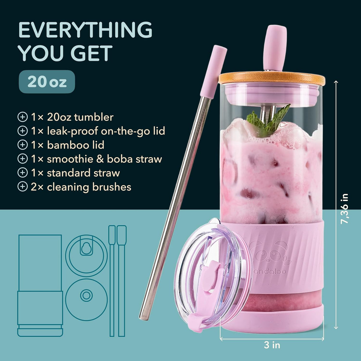 Glass Cups With Lids and Straws -20 Fl Oz- Perfect Size Iced Coffee Cup - Smoothie Cup With Bamboo Lid and On the go Lid - Glass Tumbler With Straw