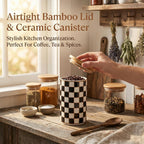 Ceramic Canister, Airtight Kitchen Canister for Coffee, Tea & More, Large Black Checkered