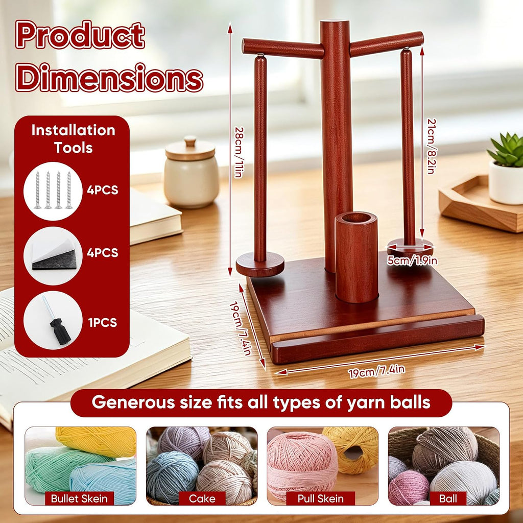 Wooden Yarn Holder for Crocheting and Knitting with Dual Magnetic Spindles