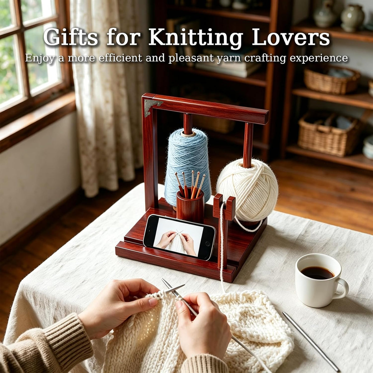Wooden Yarn Holder for Crocheting, Double Magnetic Spindles Yarn Spinner
