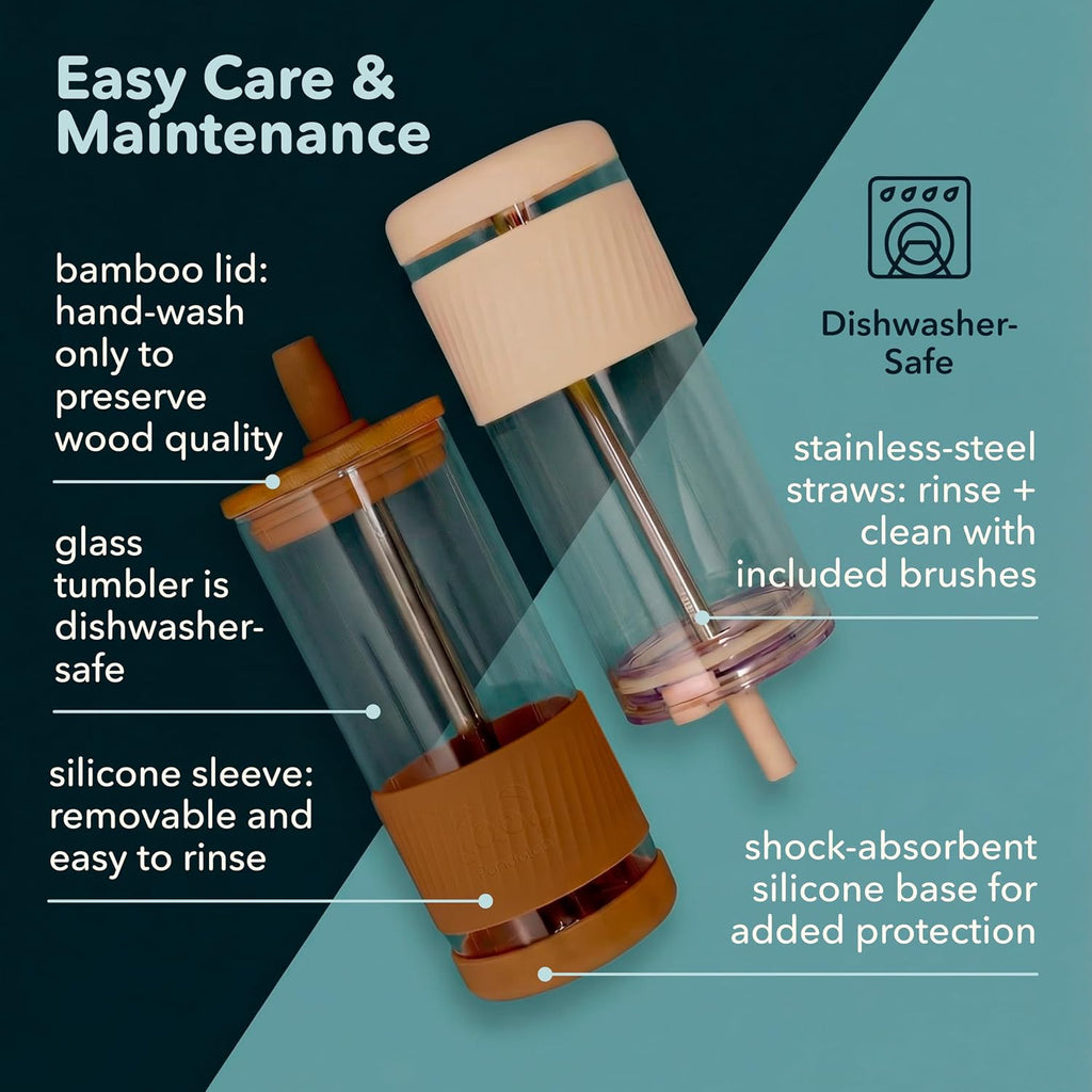 Glass Cups With Lids and Straws -20 Fl Oz- Perfect Size Iced Coffee Cup - Smoothie Cup With Bamboo Lid and On the go Lid - Glass Tumbler With Straw
