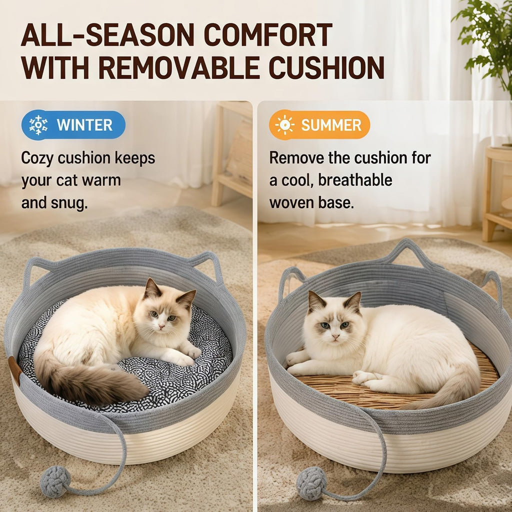 Cat Basket Bed with Cushion & Hanging Ball Toy, Handwoven Cotton Rope Nest
