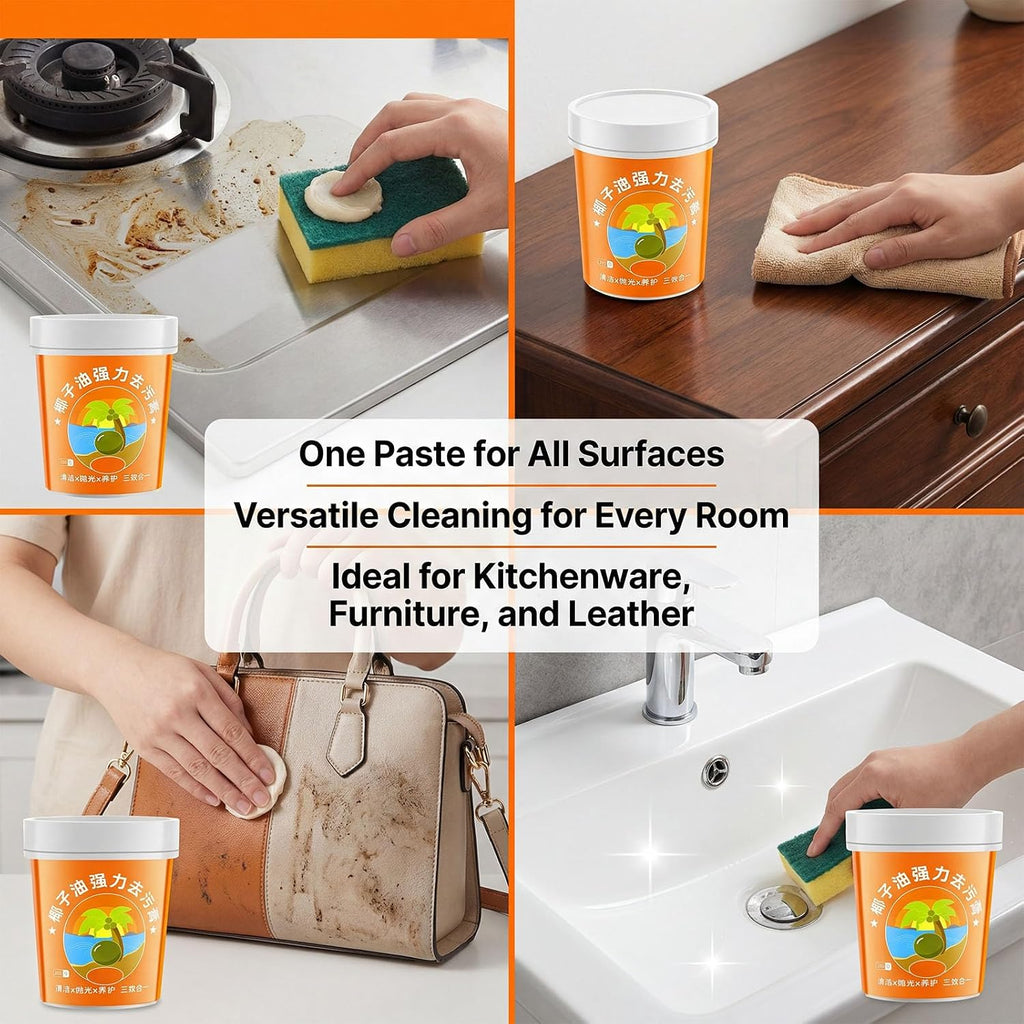 Coconut Oil Cleaning Paste, All Purpose Coconut Oil Cleaning Paste with Sponge for Kitchen, Stainless Steel, Wood Furniture and Leather (1pcs)