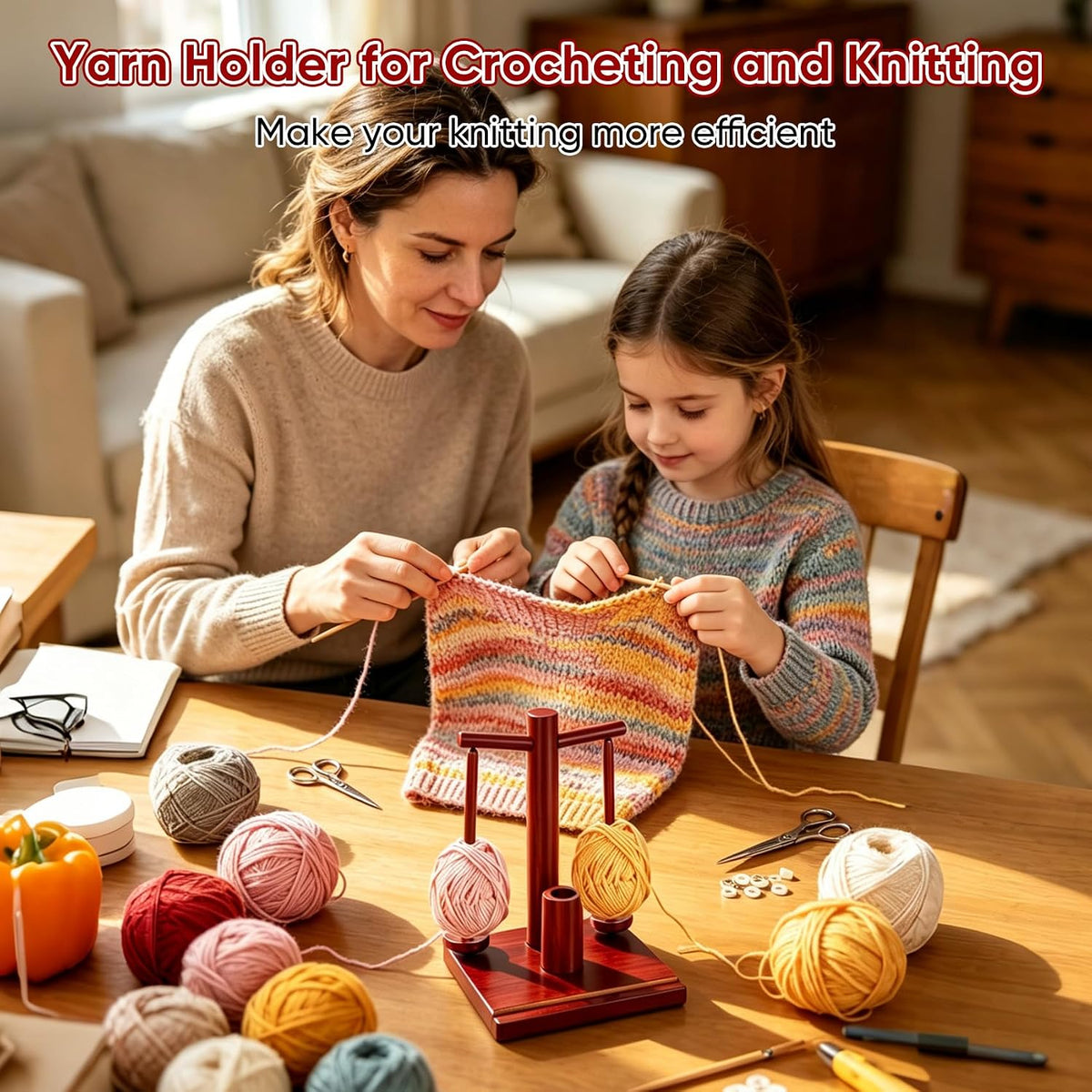 Wooden Yarn Holder for Crocheting and Knitting with Dual Magnetic Spindles