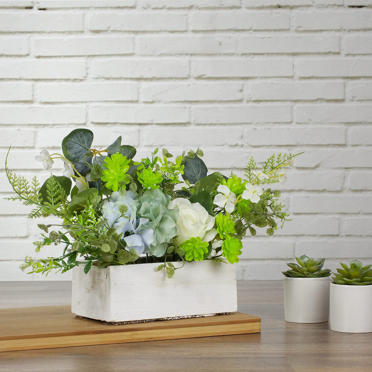 Hydrangea and Rose Artificial Floral Arrangement in Planter, 14", Blue and White