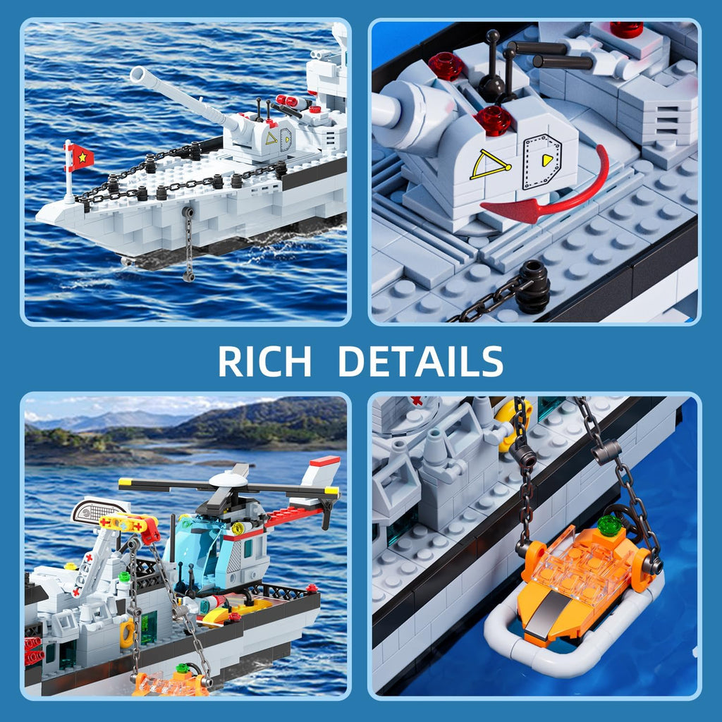 6-in-1 Battleship Building Set, Military Navy Warship Model, 1,456+ Pieces