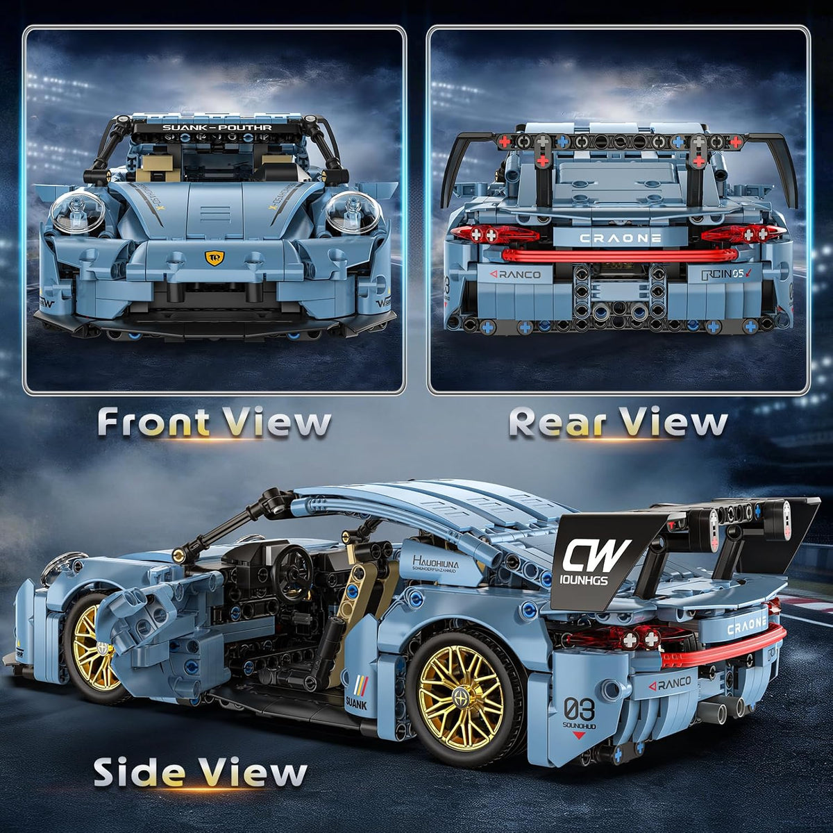 1:14 Blue Race Car Building Blocks, 973-Piece Supercar Model Kit