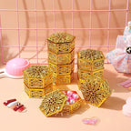 12 pcs Hexagonal Candy Gift Boxes Hollow Out Jewelry Wrapping Box for Wedding Favors Christmas Parties Candy Container Packaging 2.36 X 2.36 X 1.18 in Gold